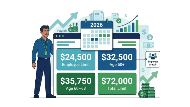 401(k) contribution Limits illustrated with the 2026 employee contribution limit, catch-up contributions by age, employer match, and total annual retirement savings limits.
