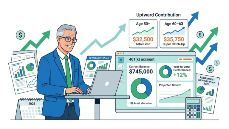 401(k) Catch-Up contribution limits for 2026 showing standard and super catch-up retirement savings by age in a financial vector illustration