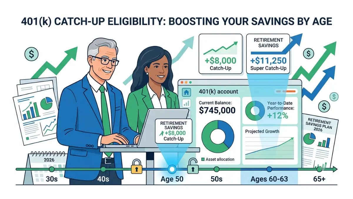 401(k) Catch-Up eligibility timeline showing age 50 qualification and super catch-up ages 60 to 63 in a clean vector illustration