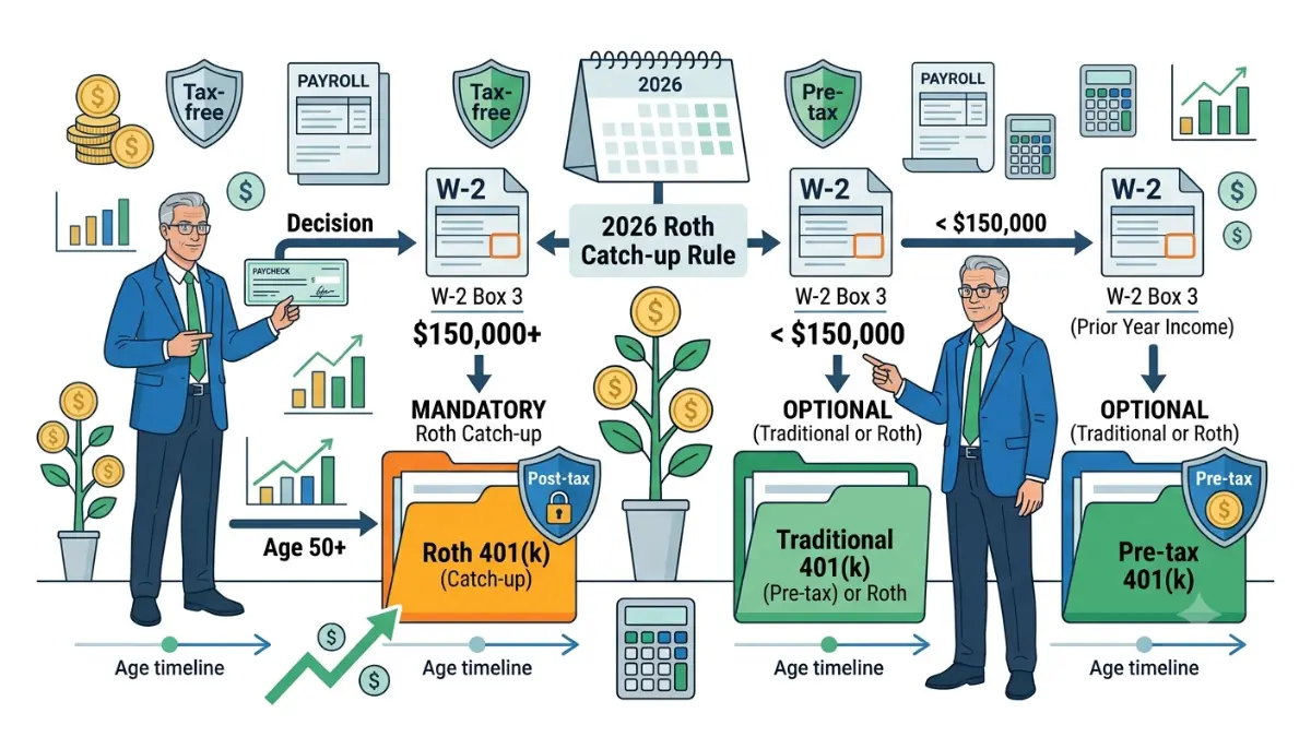 401(k) Catch-Up Roth contribution rule for high earners earning over $150000 in 2026 illustrated with a financial decision flow