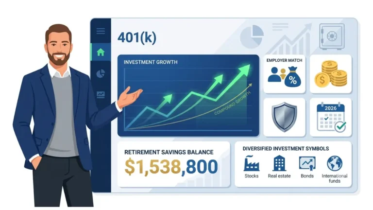 401(k) complete retirement savings guide showing contribution limits, employer match, investment growth, and retirement planning concepts in a clean financial vector illustration
