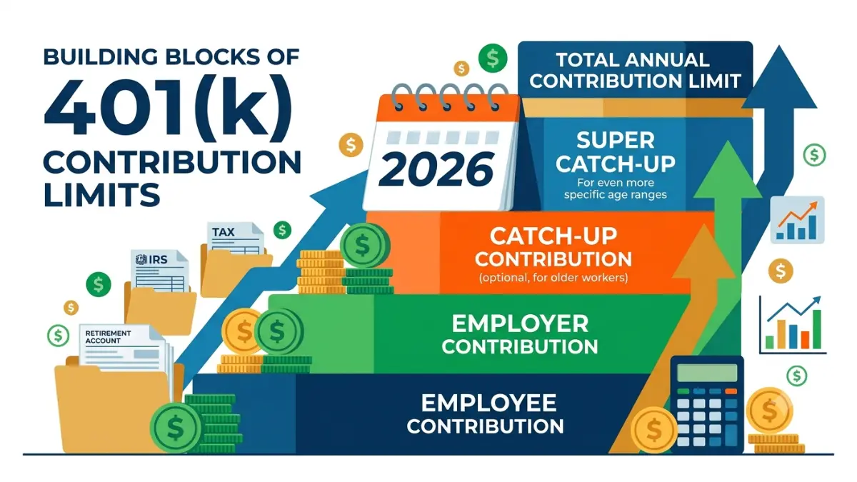 401(k) contribution limits illustration explaining employee contributions, catch-up contributions, employer contributions, and total annual retirement savings limits