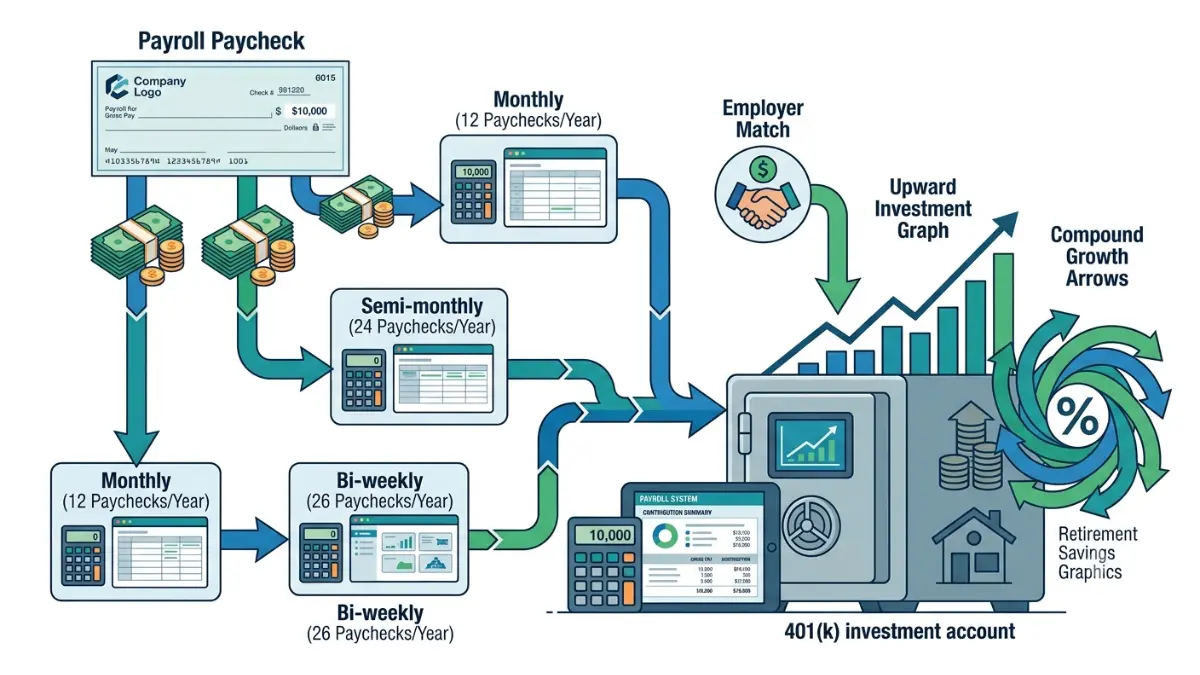 401(k) contribution Limits illustrated through paycheck contribution calculations for monthly, semi-monthly, and bi-weekly payroll schedules.