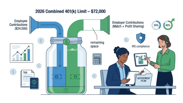 401(k) Employer Contribution Limit illustrated with employee and employer contributions combining toward the 2026 annual contribution limit