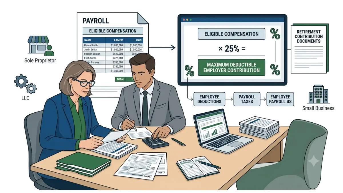 401(k) Employer Contribution Limit illustrating the 25% employer deduction rule for small businesses and solo 401(k) plans