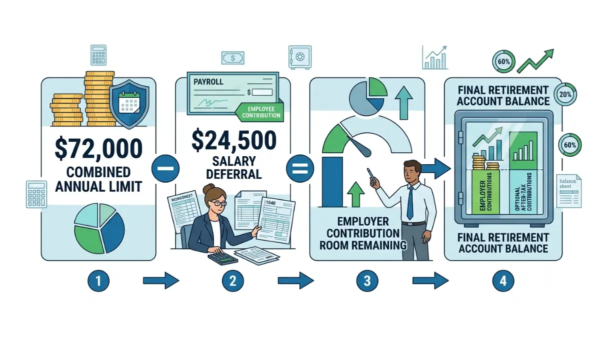 401(k) Employer Contribution Limit calculation showing how to determine remaining employer contribution room after employee deferrals