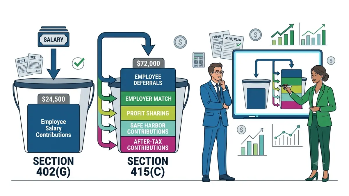401(k) Employer Contribution Limit comparing Section 402(g) employee deferral limits with the Section 415(c) combined contribution limit