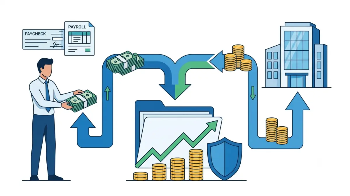 401(k) employer match illustration showing employee paycheck contributions, company matching contributions, and retirement account growth