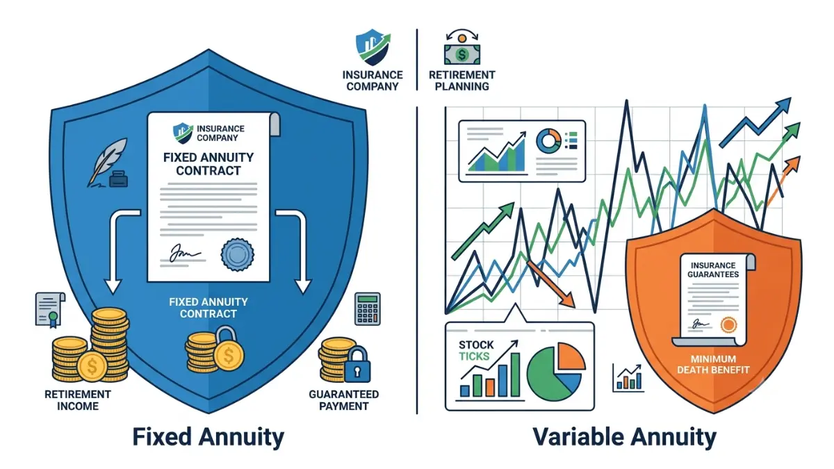 Annuity Company Fails illustration comparing guaranteed protection in fixed annuities with market risk in variable annuities