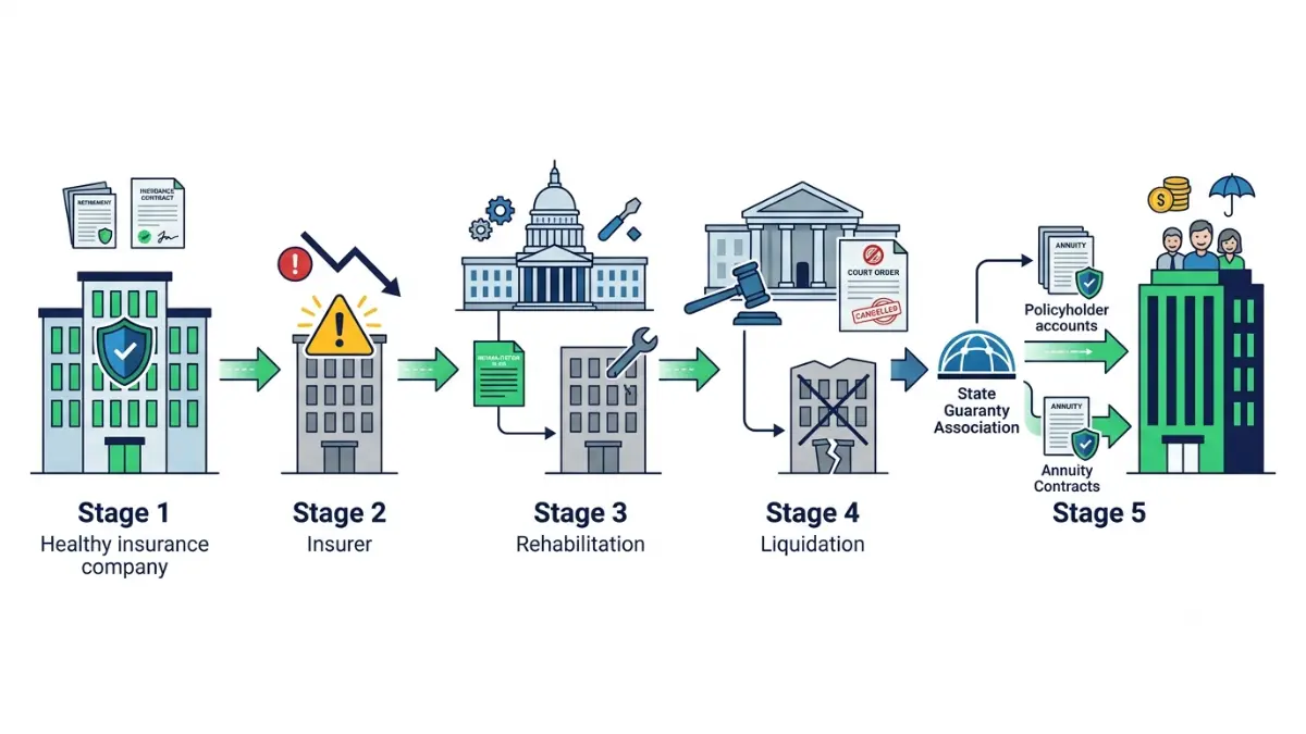 Annuity Company Fails timeline illustrating rehabilitation, liquidation, and state guaranty association protection after insurer insolvency