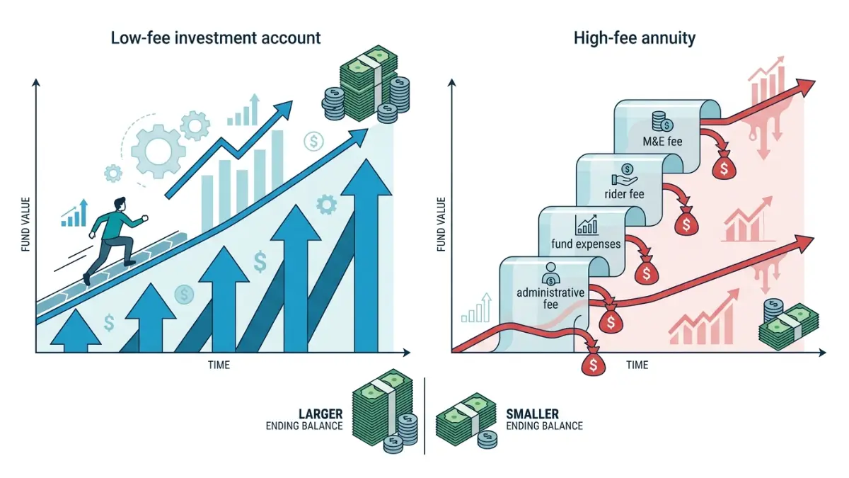 annuity fee illustration showing how rider charges, fund expenses, administrative fees, and insurance costs reduce long-term growth
