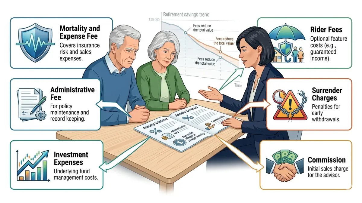 Annuity fees breakdown illustration showing M&E charges administrative fees rider costs commissions and surrender charges