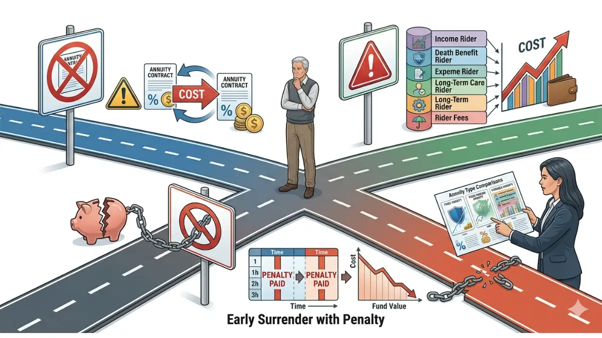 Annuity fees illustration showing common annuity mistakes including unnecessary exchanges riders and early surrender penalties
