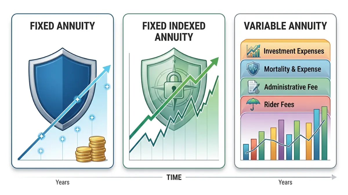 Annuity fees comparison illustration showing fixed annuity indexed annuity and variable annuity cost structures