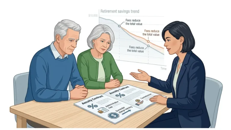 Annuity fees illustration showing a retired couple reviewing annuity contract costs with a financial advisor