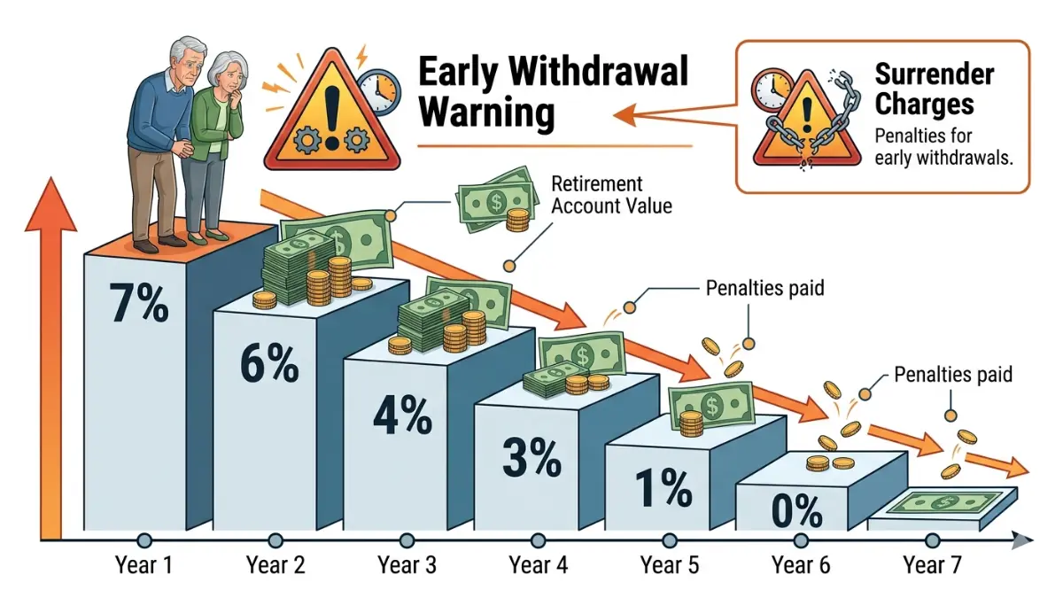 Annuity fees illustration showing declining surrender charges over multiple contract years