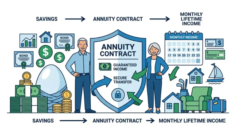 annuity illustration showing how retirement savings are converted into guaranteed lifetime income through an insurance contract