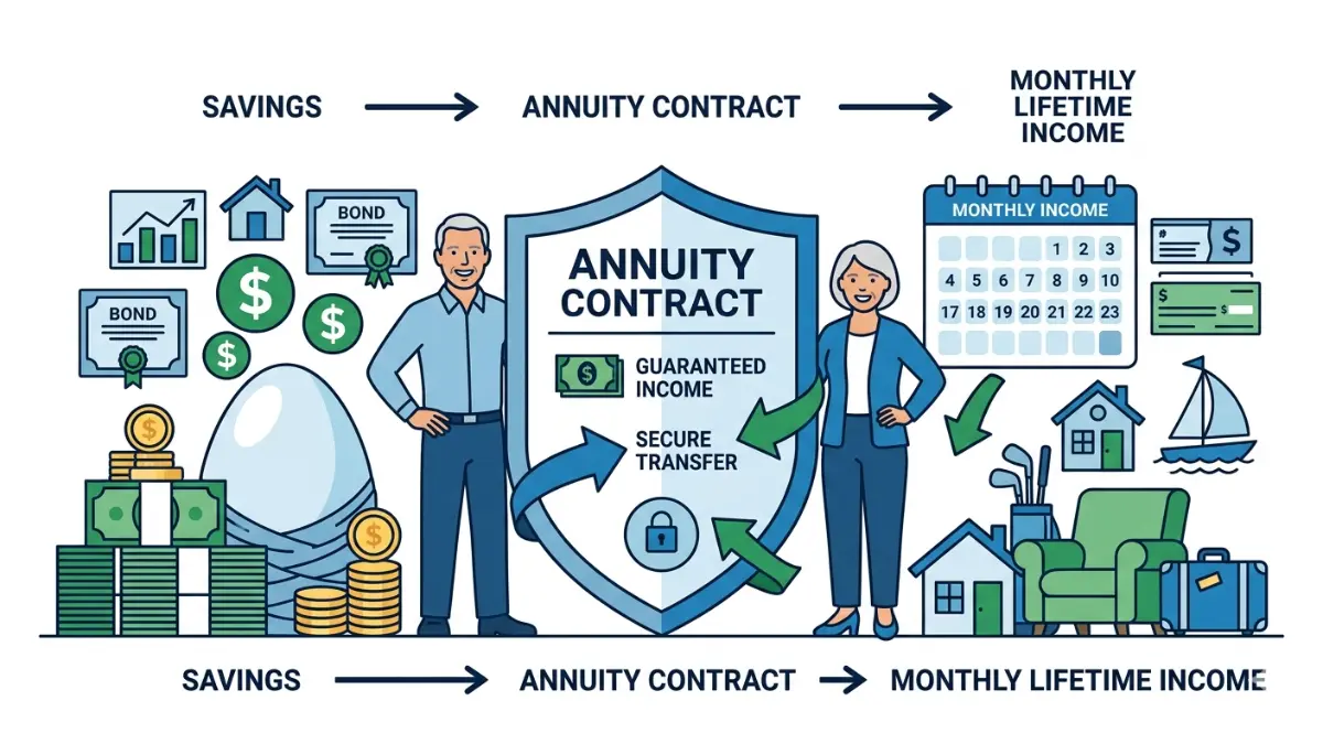 annuity illustration showing how retirement savings are converted into guaranteed lifetime income through an insurance contract