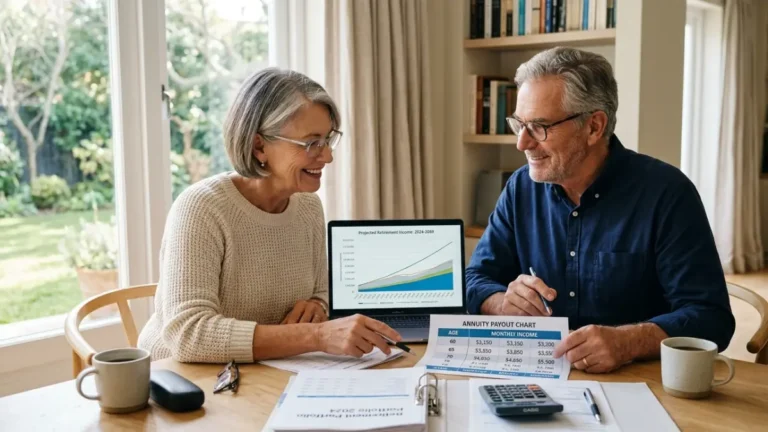 Annuity Payout Rates comparison showing a retired couple reviewing retirement income projections and annuity payout estimates