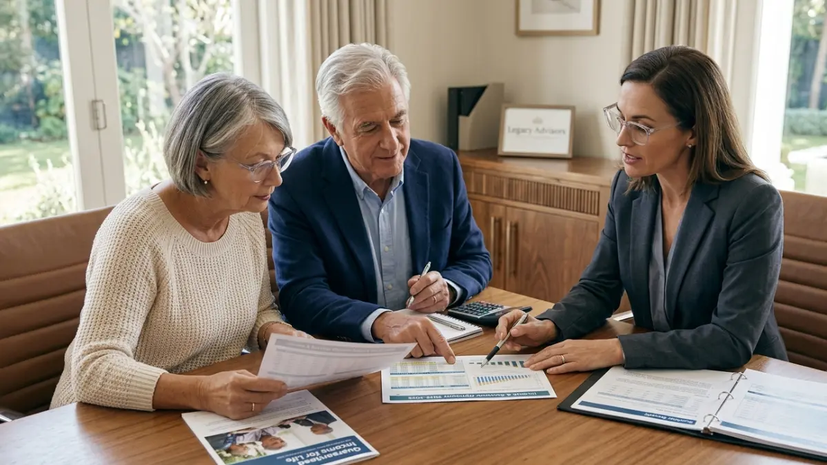 Annuity Payout Rates comparison showing retirees reviewing life-only, joint survivor, and period-certain income options