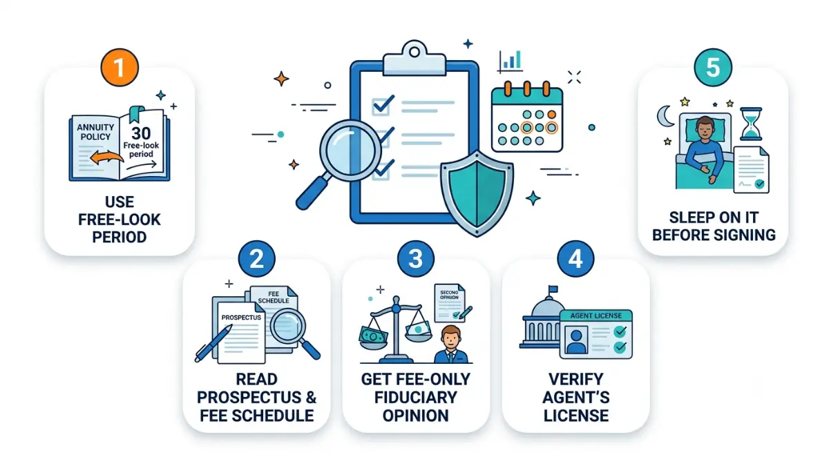 Annuity Red Flags checklist showing five essential steps to verify an annuity before signing a contract
