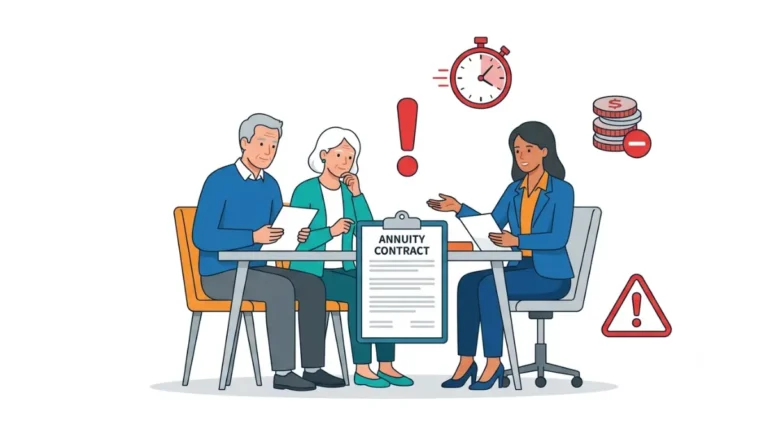 Annuity Red Flags illustrated with a retired couple reviewing an annuity contract while identifying warning signs before signing