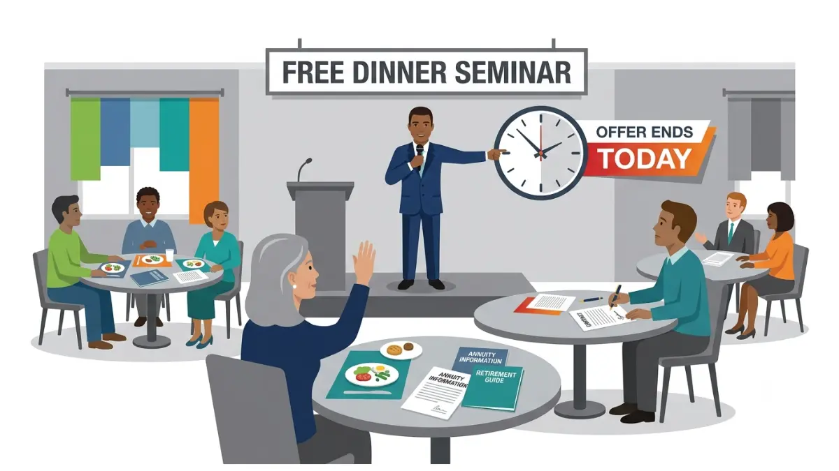 Annuity Red Flags illustrated through a high-pressure free dinner seminar encouraging immediate annuity purchases