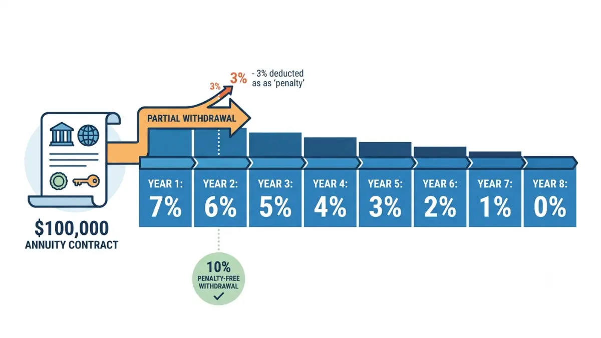 Annuity Red Flags explaining surrender charges and long-term withdrawal penalties with a declining fee timeline