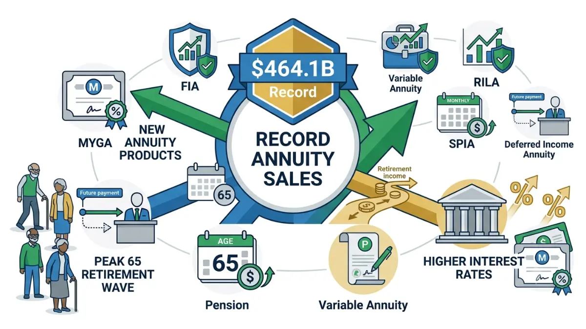 annuity sales growth explained through higher interest rates, Peak 65 retirements, and modern annuity products in a financial vector illustration on white background