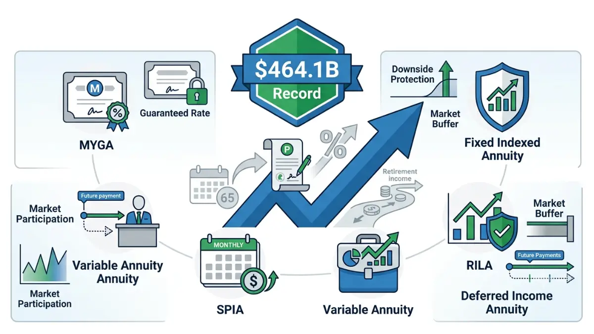 annuity sales comparison showing MYGA, FIA, RILA, Variable Annuity, SPIA, and Deferred Income Annuity in a clean vector illustration