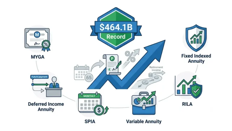annuity sales reaching a record $464.1 billion illustrated with major annuity product categories, retirement income icons, interest rates, and financial growth on a white background