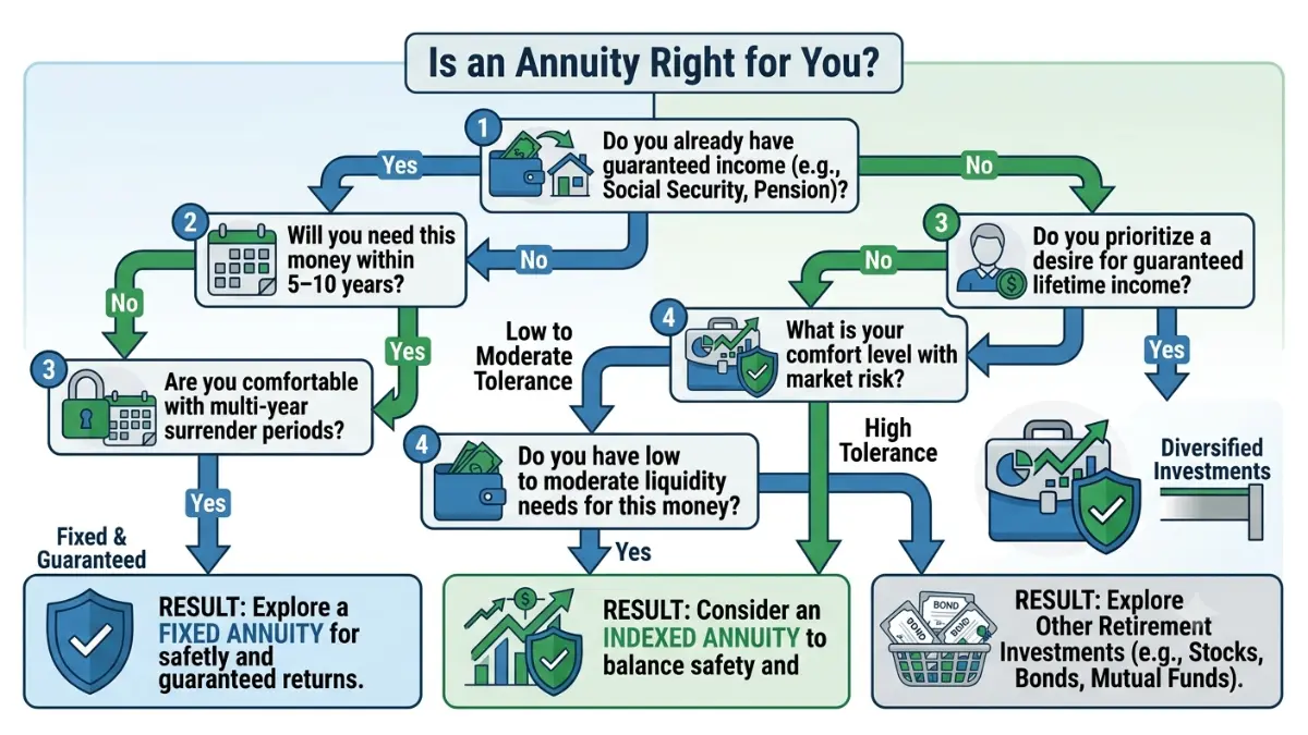 annuity sales decision flowchart helping retirees evaluate guaranteed income, liquidity, and surrender periods in a white background vector illustration
