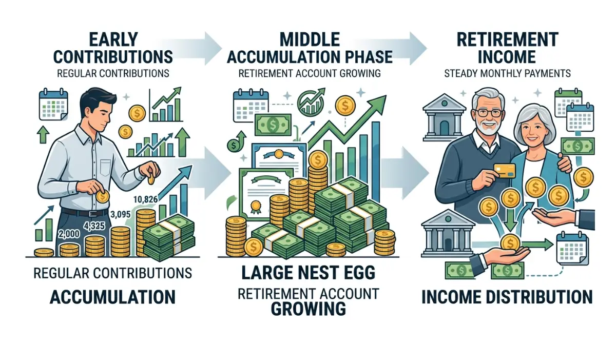 Annuity vs. 401(k) illustration showing wealth accumulation during working years and retirement income distribution later