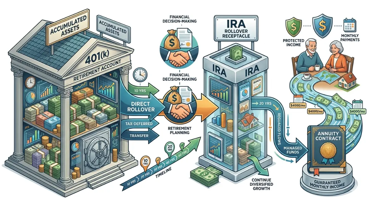 Annuity vs. 401(k) rollover illustration showing retirement assets moving from a 401(k) into an annuity strategy