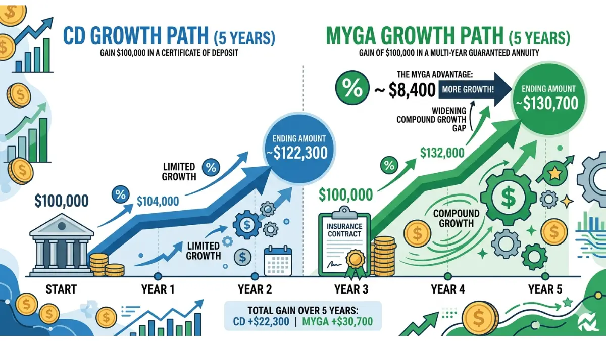Annuity vs. CD $100000 growth comparison showing compound growth and potential value differences over five years