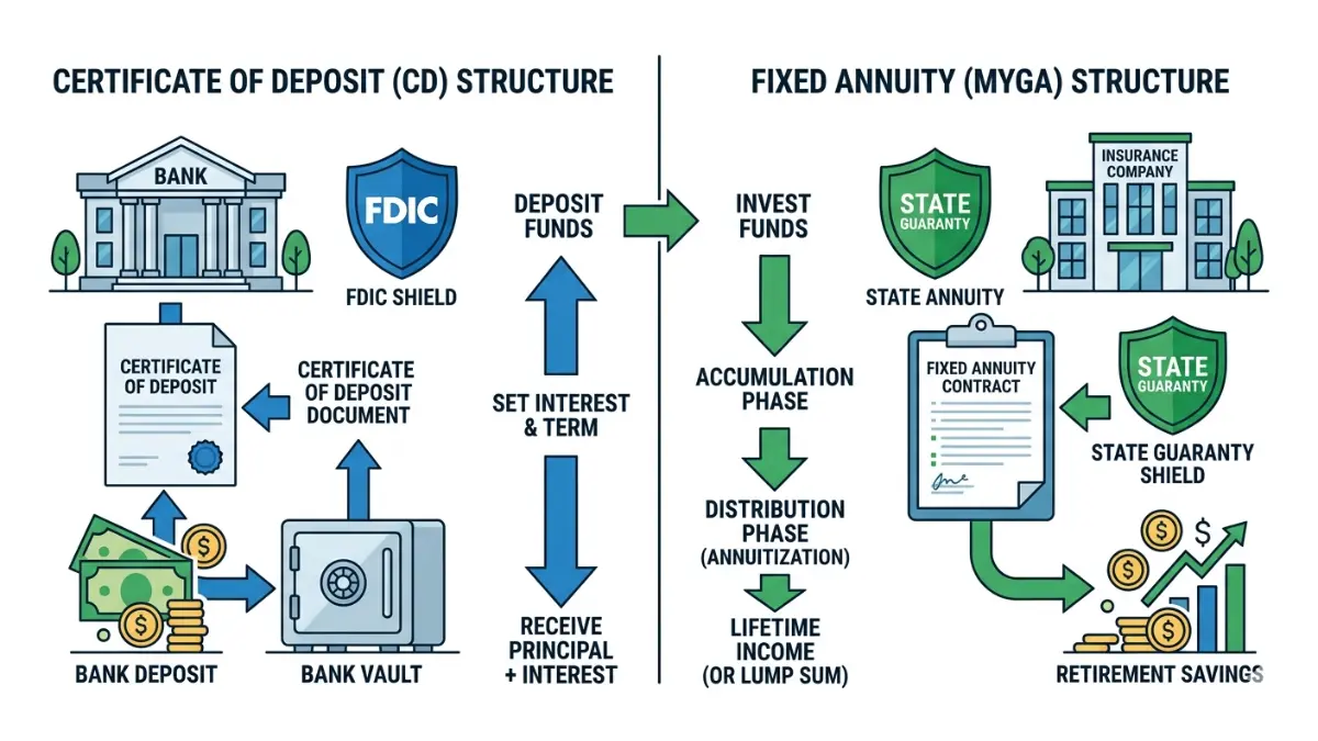 Annuity vs. CD structural comparison showing bank deposit account versus insurance contract with different protection systems