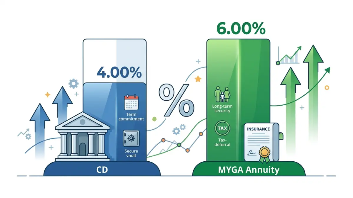 Annuity vs. CD rate comparison illustrating how MYGA annuities often offer higher guaranteed yields than traditional CDs