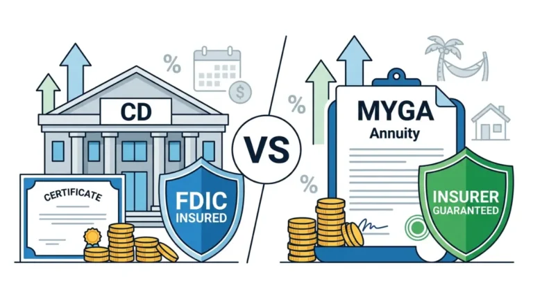 Annuity vs. CD comparison showing bank CD versus MYGA annuity with guaranteed rates, principal protection, and retirement savings benefits