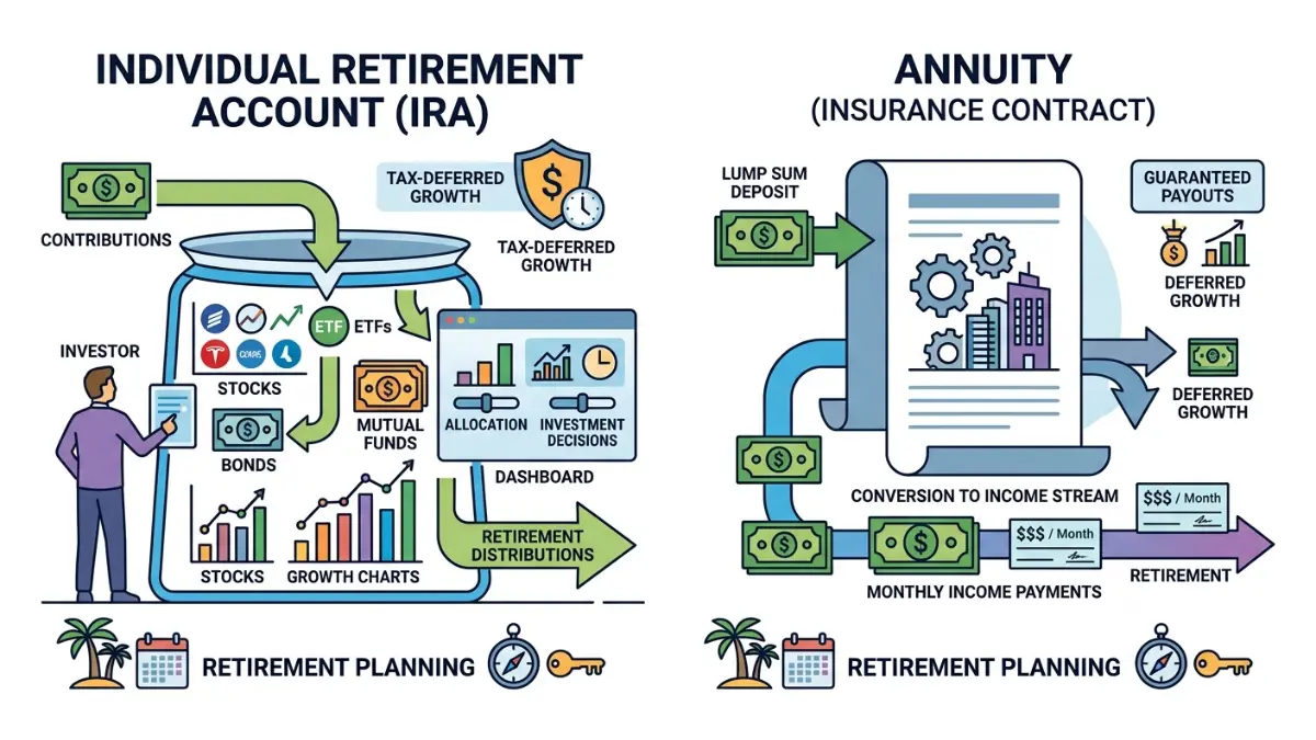 Annuity vs. IRA illustration explaining the difference between a retirement account and an insurance contract