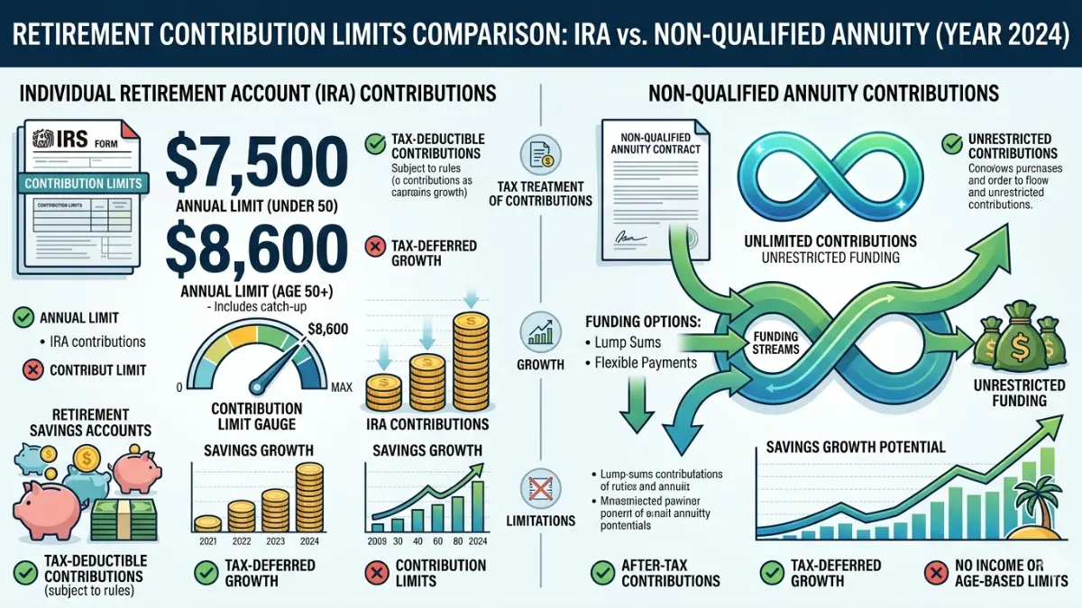 Annuity vs. IRA contribution limits comparison showing 2026 IRA caps versus unlimited annuity funding