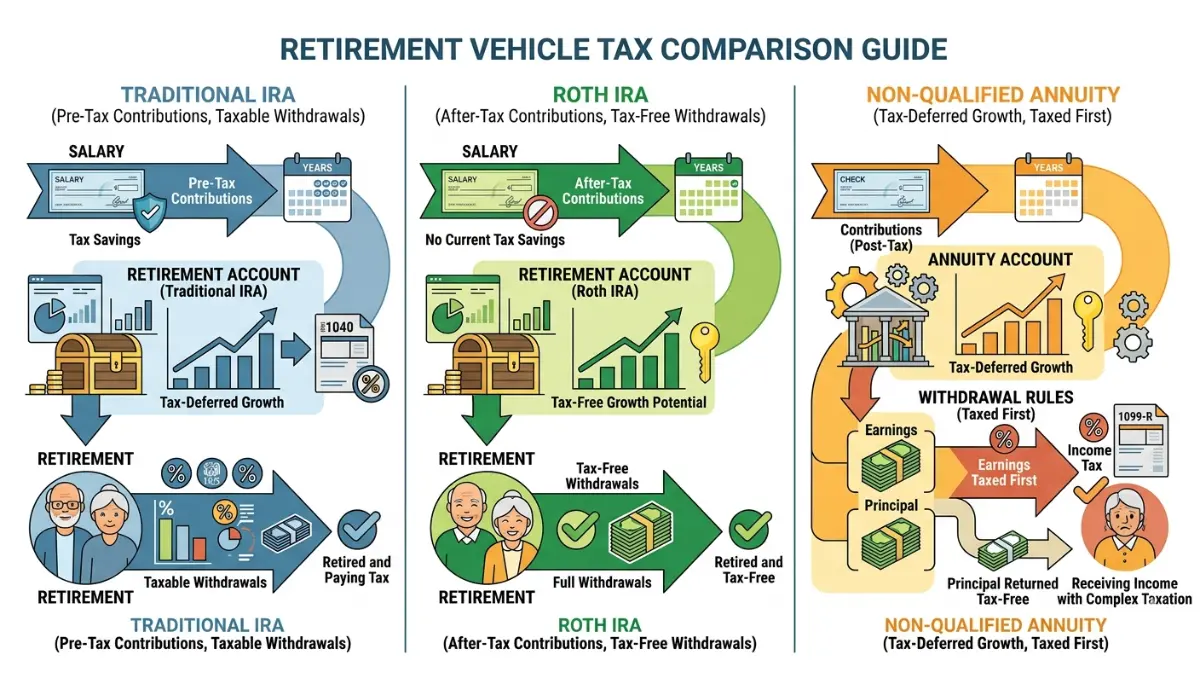 Annuity vs. IRA tax treatment comparison showing traditional IRA, Roth IRA, and annuity withdrawal taxation