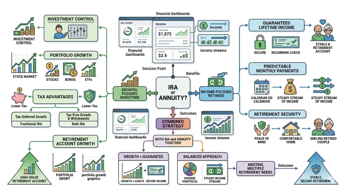 Annuity vs. IRA decision tree helping retirees choose between investment growth and guaranteed income