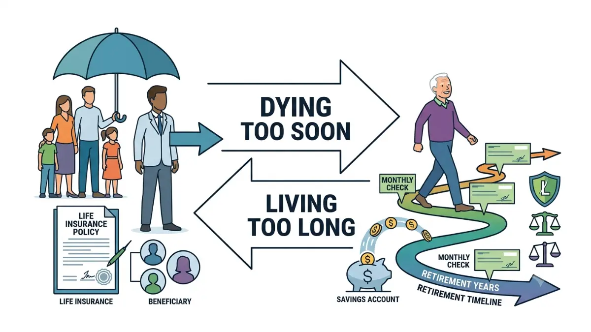 Annuity vs. Life Insurance illustration showing the risk of dying too soon versus the risk of outliving retirement savings