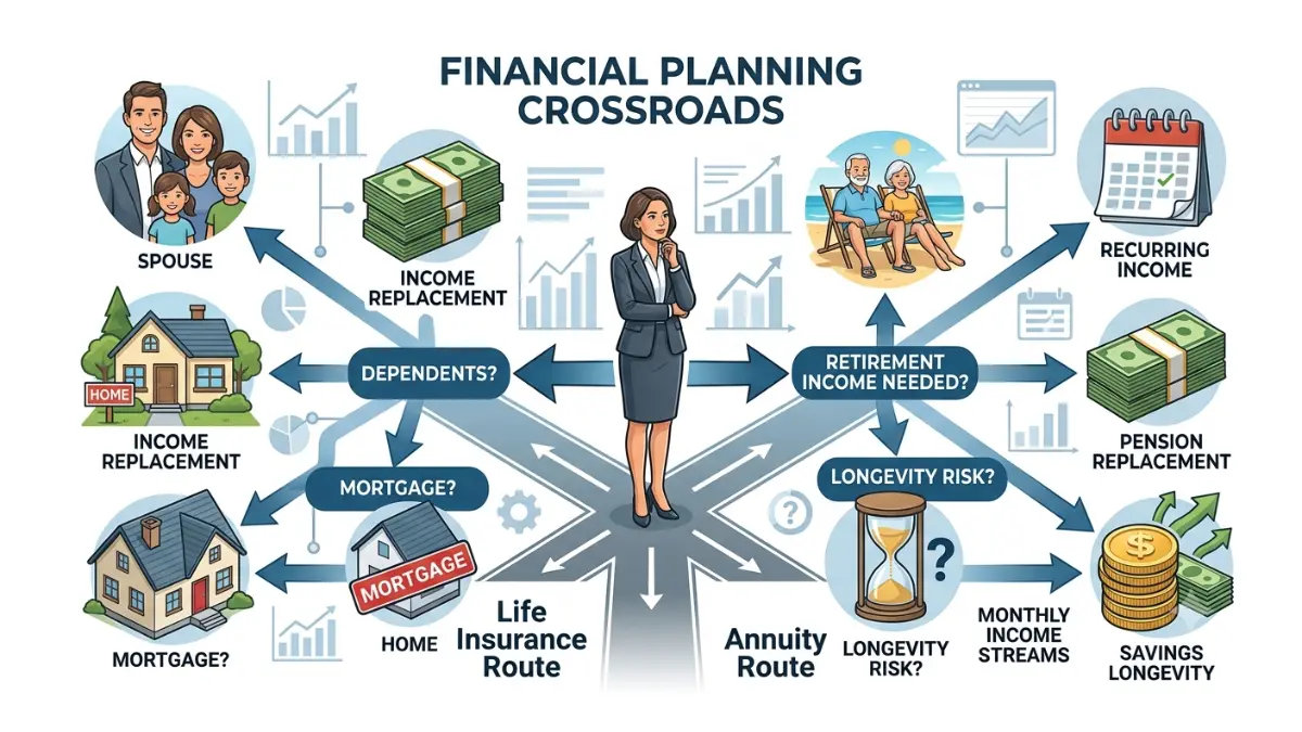 Annuity vs. Life Insurance decision tree helping readers choose between family protection needs and retirement income goals