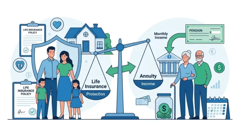Annuity vs. Life Insurance comparison showing family protection through life insurance and retirement income security through annuities