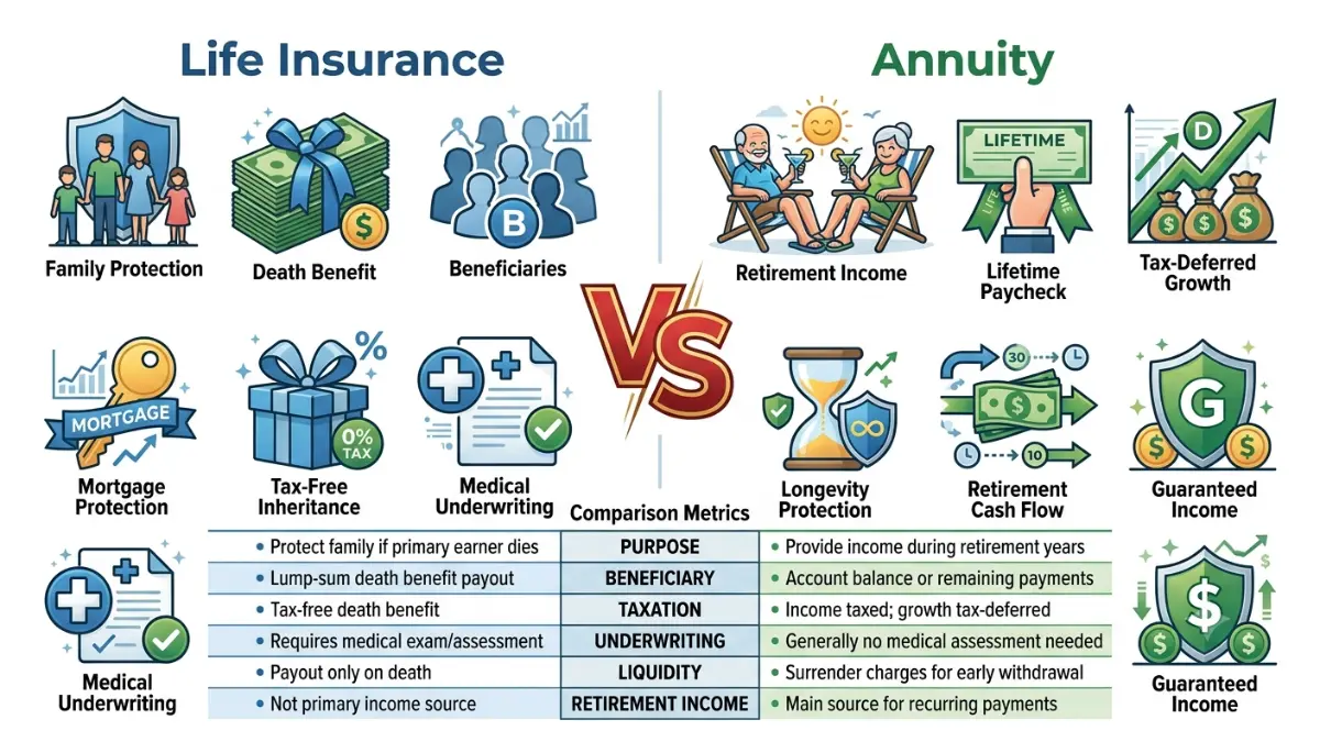Annuity vs. Life Insurance side-by-side comparison highlighting beneficiaries, retirement income, taxes, underwriting, and financial goals