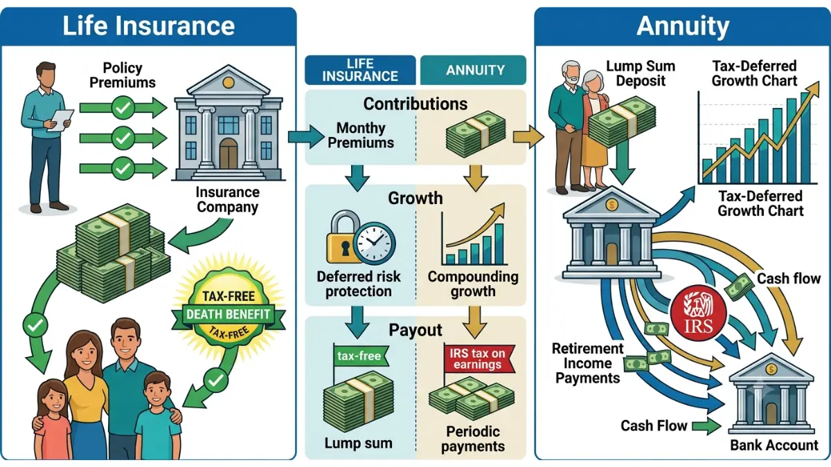 Annuity vs. Life Insurance tax treatment comparison showing tax-deferred growth, retirement income, premiums, and tax-free death benefits