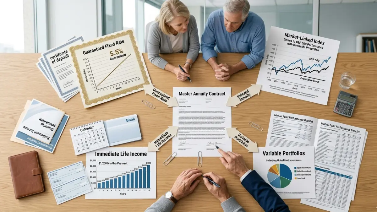 average annuity return explained through fixed indexed variable and immediate annuity types shown in a financial planning illustration