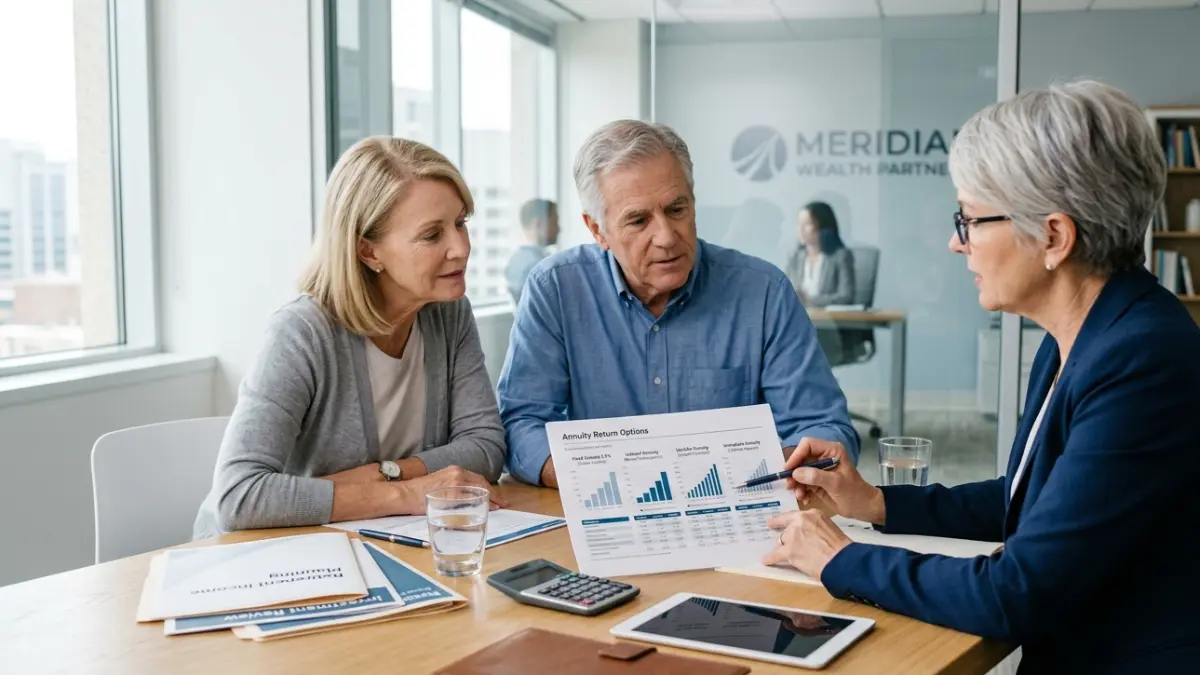 average annuity return comparison discussed by a financial advisor with a retired couple reviewing annuity options and retirement income strategies