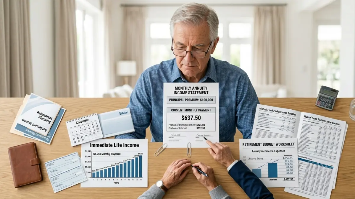 average annuity return versus payout rate comparison showing a retiree reviewing monthly annuity income payments